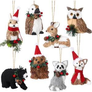 Vercraft 8 Pack Sisal Woodland Animal Ornaments Mini Christmas Tree Ornaments Natural Sisal Straw Friends Animals Figurines Neutral Rustic Christmas Hanging Accessory Forest Woodland Decor (Xmas)
