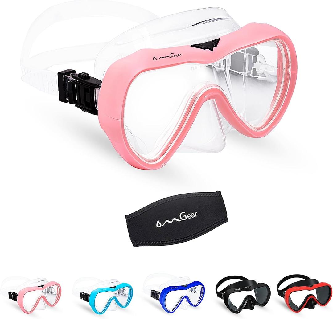 OMGear Diving Mask Snorkeling Gear Kids Adult Snorkel Mask Dive Goggles Silicone Swim Glasses with Nose Cover for Scuba Free Diving Spearfishing Neoprene Strap Cover Impact Resistance (Pink)