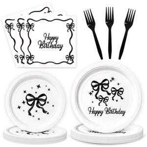 Black Bow Birthday Party Supplies, 96Pcs Conquette Birthday Decorations Includes Plates Napinks Forks Black Bow Theme Tableware Party Supplies