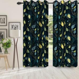 Yellow Teal Leaves Blackout Curtains for Bedroom/Living Room,2 Panels Sets Window Curtain,Blue Cyan Plant Leaves Botanical Thermal Insulated Printed Curtains with Grommet,42" Wx84 L