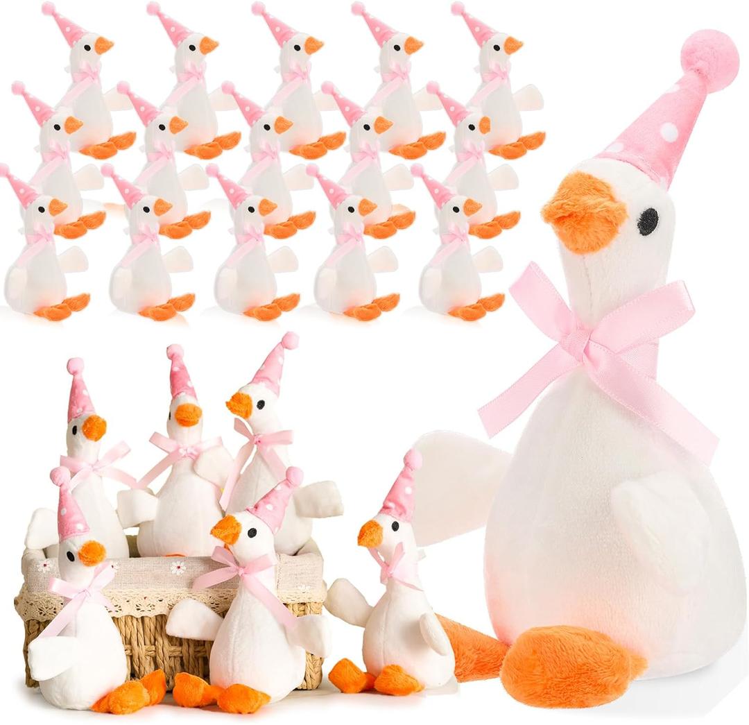 24 Pcs Silly Goose Plush Stuffed Animal Toy Birthday Decorations 8 inch One Silly Goose Baby Shower Party Favor Duck Stuffed Animal with Birthday Hat for Girls Funny Party Supplies (Pink)
