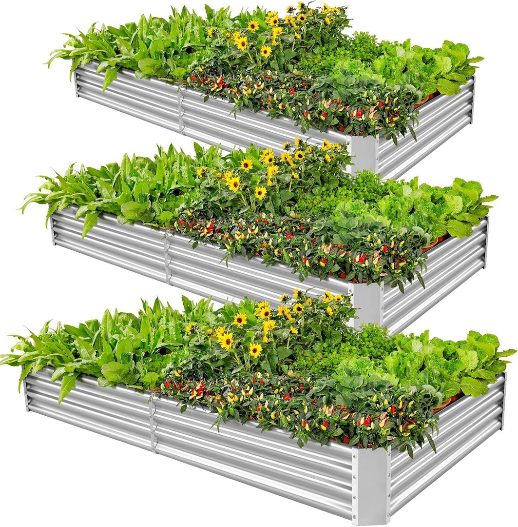 Land Guard 3 Pack 6×3×1ft Galvanized Metal Raised Garden Bed, Metal Planter Kit Box Outdoor for Deep-Rooted Vegetables, Flowers, Green and Herbs, Silver