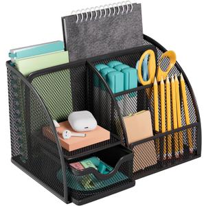MaxGear Office Desk Organizer - 6 Compartment Pen Holder & Drawer, Metal Mesh Desktop Organizer with Non-Slip EVA Pad, Black Desk Caddy, 8.7" x 5.5" x 5"