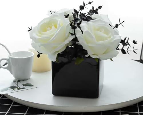 NAWEIDA Artificial Flowers with Small Ceramic Vases, Roses in Vases Plastic Artificial Flowers and Plants,Used for Home Office Wedding Decoration, Table Decoration