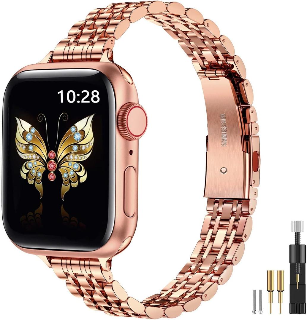 MioHHR Slim Metal Band Compatible with Apple Watch Band 42mm(Series 10) 41mm 40mm 38mm,Dressy Stainless Steel Chain Strap for Women iWatch Bands Series 9 8 7 6 5 4 3 2 1 SE,Rose Gold
