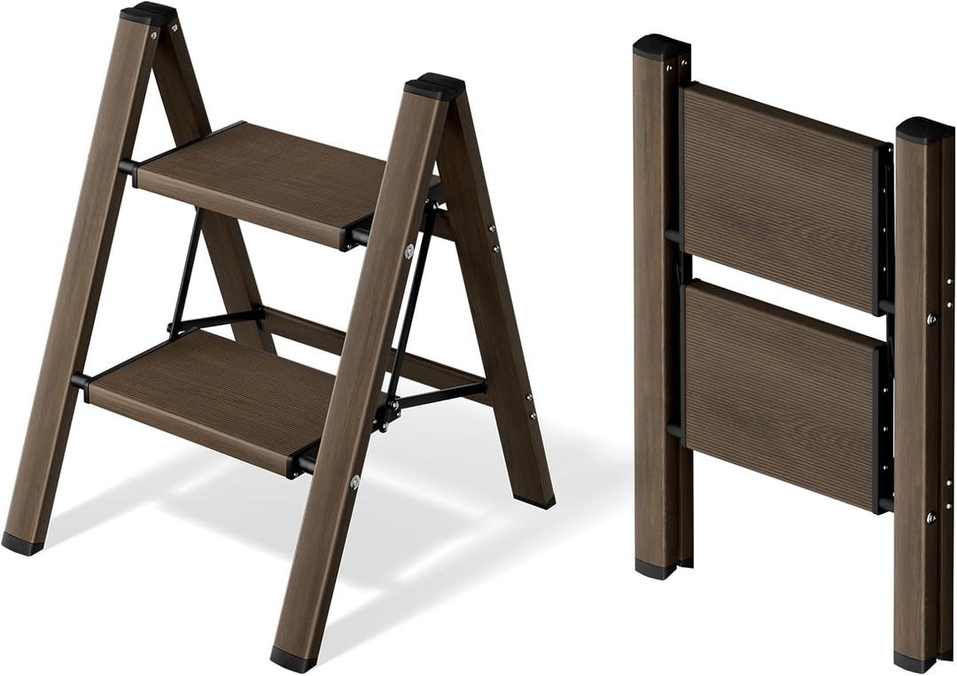Mayi Plus 2 Step Ladder,Aluminum Folding Step Stool for Adults,Step Ladder with Wide Anti-Slip Pedal,330 lbs Capacity for Home,Office,Kitchen,Library(Walnut)