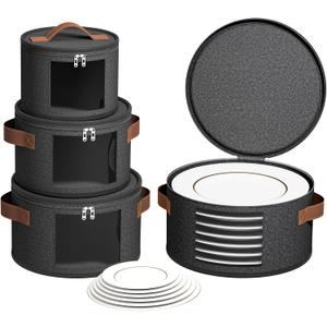 4 Piece China Storage Containers, Dish Storage Containers with Clear Windows, Hard Shell Plate Organizer with Handles, Stackable Moving Boxes for Dishes, Glassware, Dinnerware, Plates, Dark Gray