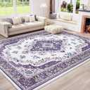 HOMORE Purple Area Rug 6'x9' Living Room Rug, Non Slip Washable Rugs for Bedroom Faux Wool Large Carpet for Dining Room Vintage Floral Rugs for Home Office Farmhouse Decor