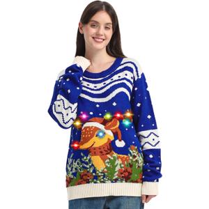 MGparty Ugly Christmas Sweater for Women 2025 Christmas Cute Light Up Sweaters Holiday Party Novelty Funny Pullover (X-Large, Blue)