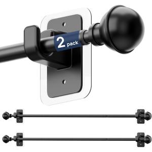 ENJOYBASICS 2 Pack No Drill Curtain Rods for Window 28 to 60 Inches, 5/8 Inch Diameter Renter Friendly Drapery Rod with Adhesive Brackets without Drilling, Adjustable from 27 to 65 Inches, Black