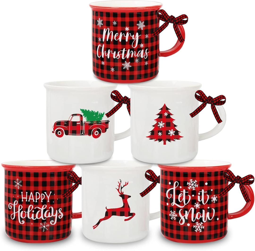 Whaline 6Pcs Christmas Mini Coffee Mug with Ribbon Red Black Plaid Truck Reindeer Xmas Tree Tiered Tray Decor for Christmas Gift Table Centerpieces Decor