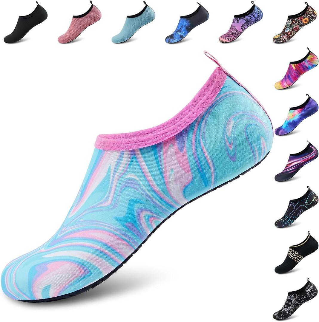 Deevike Water Shoes for Women Men Barefoot Quick-Dry Aqua Socks Slip-on for Beach Swim Surf Yoga Exercise (5.5-6.5 Women/4.5-5.5 Men, Rainbow/Pink)