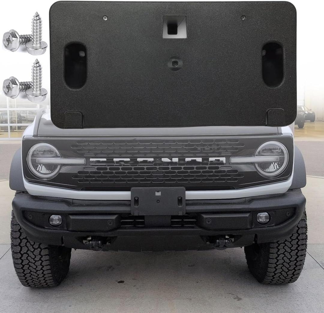 FASTCHE Front License Plate Frame Compatible with 2021 2022 2023 2024 2025 Ford Bronco Front Bumper License Tag Plate Holder Mounting Bracket (For Plastic Bumper ONLY) Replace # M2DZ17A385AA FO1068192