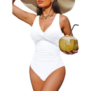 Holipick Women Tummy Control One Piece Swimsuit - Push Up Bathing Suit Full Coverage Slimming Swimwear (XX-Large, White)