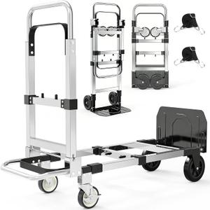 3 in 1 Aluminum Hand Truck Foldable, 500 lbs Convertible Dolly, Collapsible Dolly Cart with 4 Rubber Wheels, Portable Trolley with Retractable Handle for Moving/Office/Home/Warehouse(Black Silver)