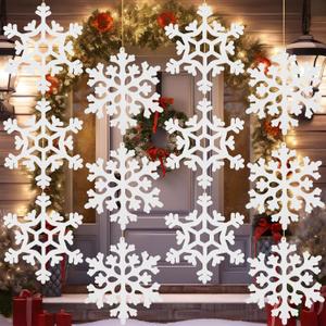 18 Pcs Large Winter Snowflake Ornaments 8" White Hanging Snowflakes Decorations Plastic Winter Tree Decorations for Holiday Crafts Indoor Outdoor Tree Porch Ceiling Party Decor
