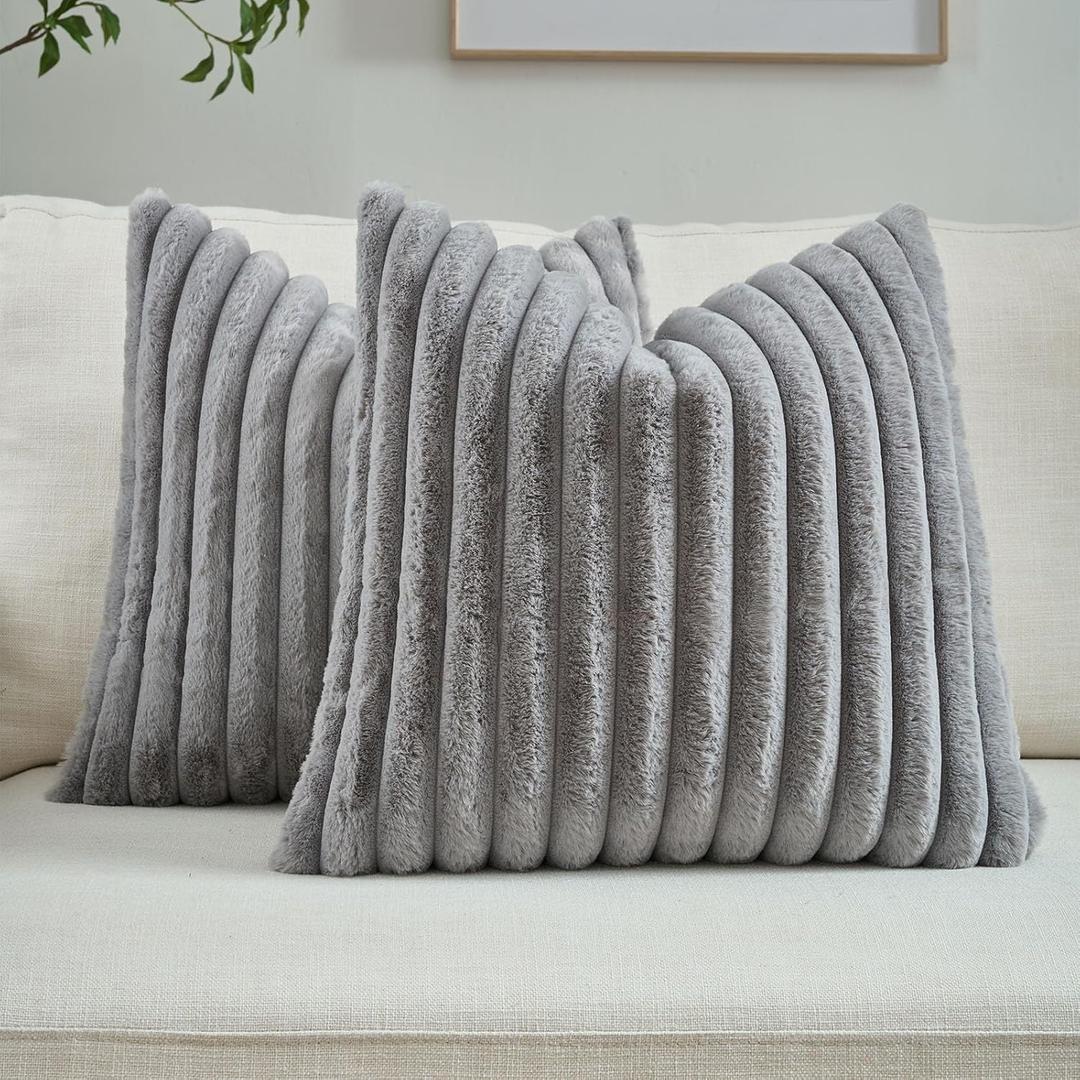 FUTEI Pack of 2 Solid Faux Fur Plush Throw Pillow Covers 20x20 Inch Soft Fluffy Striped Decorative Cushion Cases Modern Farmhouse Accent for Couch Bed Living Room, Grey