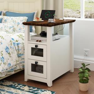 Farmhouse XXL End Table with Charging Station, Narrow Side Table with USB Ports and Outlets, Nightstand with 2 Drawers Storage, Bedside Tables for Living Room, Bedroom, Rustic Walnut White
