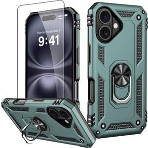 2 x IKAZZ for iPhone 16 Case 6.1 Inch with Screen Protector,Military Grade Shockproof Heavy Duty Protective Phone Cover Pass 16ft Drop Test with Magnetic Kickstand Car Mount Holder,Pine Green Color