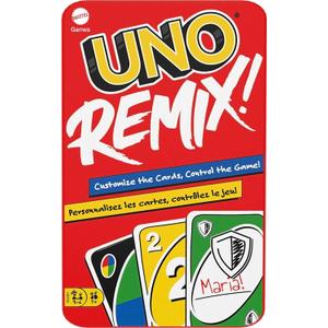 Mattel Games UNO Remix Card Game for Family Night with Customizable Options & Write-On Cards in Storage Tin for 3-6 Players