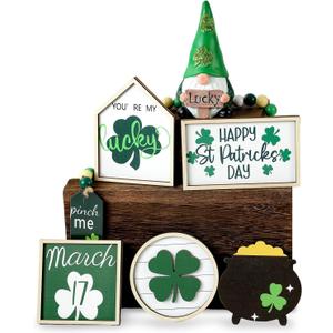 St. Patrick's Day Decorations | 7PCS St. Patrick's Day Tiered Tray Decor | Luck Shamrock Wooden Signs Irish Decor | Green Gnomes Decorations for Home Table Shelf Party | Irish Gifts