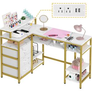 DWVO L Shape Nail Desk for Nail Tech - Spacious Manicure Table with Built-in Charging Station, Marbling Texture Manicure Station for Home, Beauty Salon Spa (White)