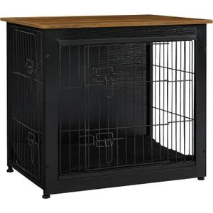 DWANTON Dog Crate Furniture with Cushion, Wooden Kennel Table with Double Doors, Indoor Dog House, Small/Medium/Large Size, 27.2" L, Black+Warm Brown