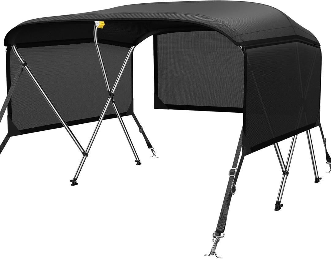 KAKIT 3 4 Bow Bimini Tops for Boats with 3 Mesh Sidewalls Rear Support Poles Boat Canopy Includes Straps Storage Boot, Dark Gray (Black)