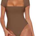 REORIA Womens Sexy Square Neck Double Lined Shirt Stretchy Basic Short Sleeve Going Out Thong Bodysuit Tops (Small, Coffee)