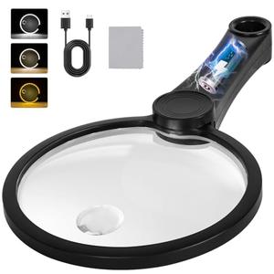 NUEYiO 5.2 Inch Large Rechargeable Magnifier with Light, 30X 40X 60X Handheld Magnifying Glass with 49 Anti-Flicker LED Light, Third Gear Dimming Strongest Lighted Magnifier for Seniors Reading Coins