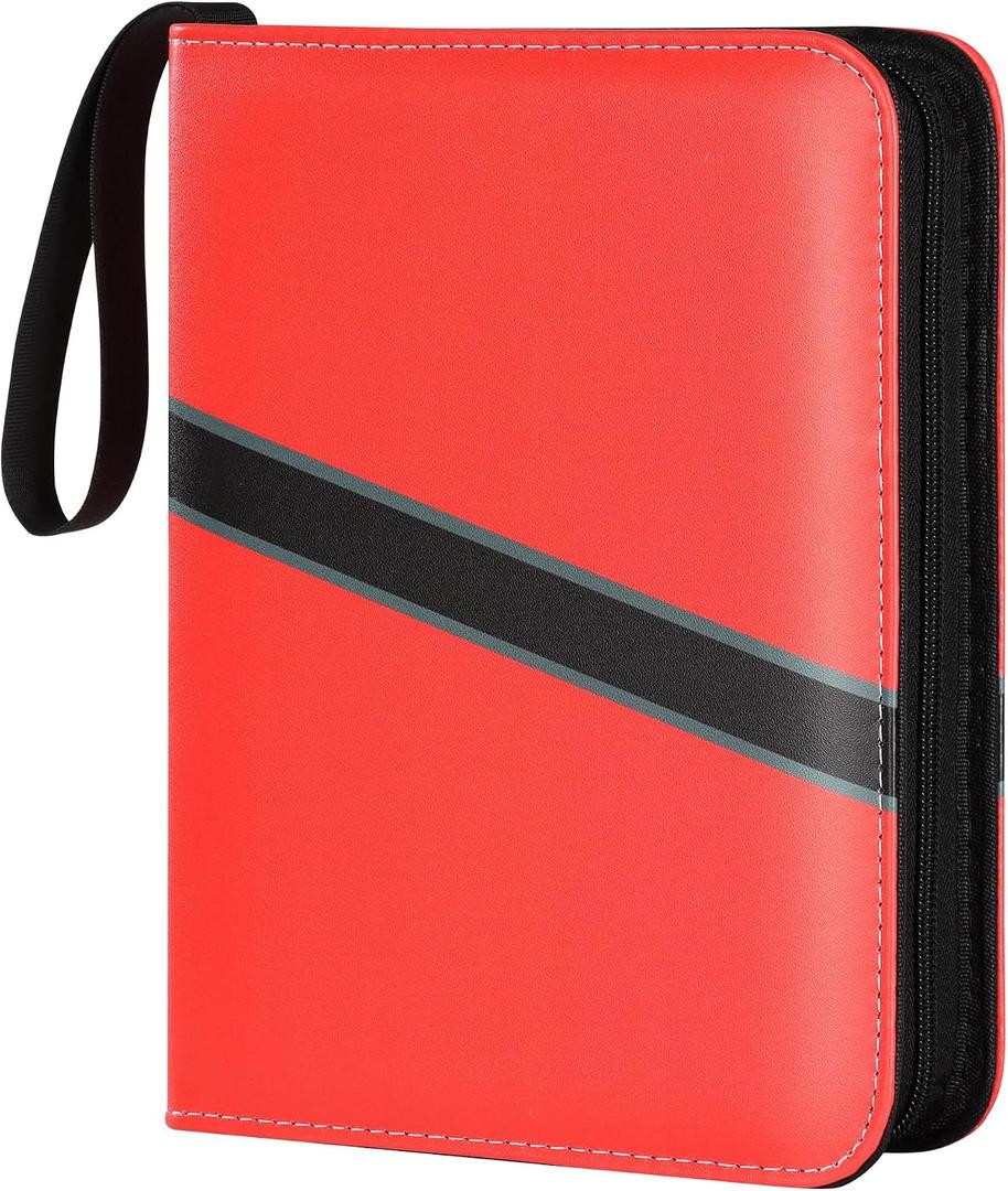 Trading Card Binder 4 Pocket with Zipper & Hand Strap, Holds Up to 400 Cards, PU Leather TCG Binder for Collectors, Red