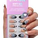 BTArtbox Press On Nails Medium - 3D Flower Almond French Tip Press On Nails with Glue for Women, Opaque Soft Gel Glue On Nails in 15 Sizes - 30 Stick On Nails Kit, Bessie & Bestie