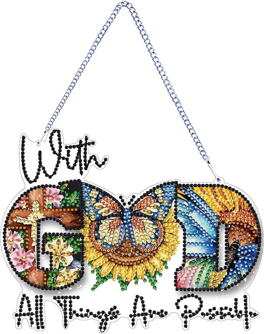 STGLCR DIY Butterfly Hanging Diamond Art Kit God, Acrylic Diamonds Painting Pendant Board Kit, 5D Gem Art Ornament Kit for Adults, Double Sided 7.8inch with God All Thing are Possible