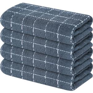 Mordimy 100% Cotton Terry Cloth Kitchen Towels, Super Soft and Absorbent Dish Towels for Drying, Checkered Designed Hand Towels for Kitchen, 16 x 26 Inches, 4 Pack, Grey