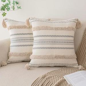 Boho Throw Pillow Covers 18x18 Set of 2 Woven Tufted Farmhouse Pillows Cover with Tassels Textured Striped Cushion Case Neutral Pillow Cases Decorative Pillowcase for Sofa, Couch, Bed, Khaki