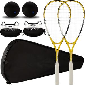 2 x 2 Pack Beginner Squash Racquet Set Includes Racquets with Racket Bags Anti Fog Goggles Cases Blue Dot Ball Indoor Gym Sports for Beginners Novice Training Recreational Play