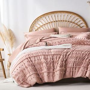 sponwilar 7 Pieces Queen Comforter Set, Pink Tufted Boho Shabby Chic Bed in a Bag Comforter and Sheet Set, All Season Soft Microfiber Complete Bedding Set (Pink, Queen)