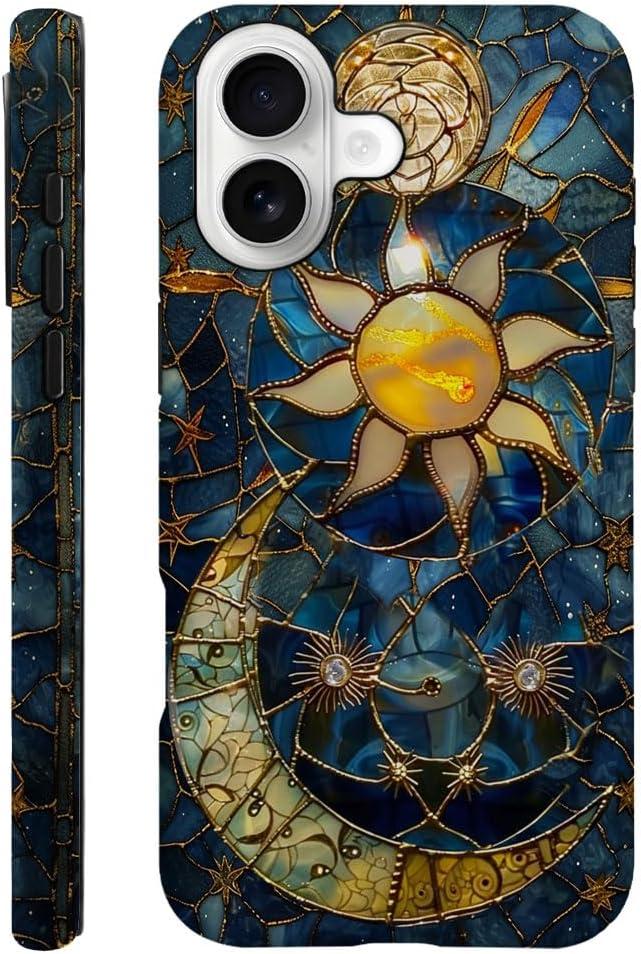Case Compatible with iPhone 17,Fall Prevention Hybrid 2-Layer Hard Shell Phone Cover for Girls Boys,Sun Moon Celestial Glass