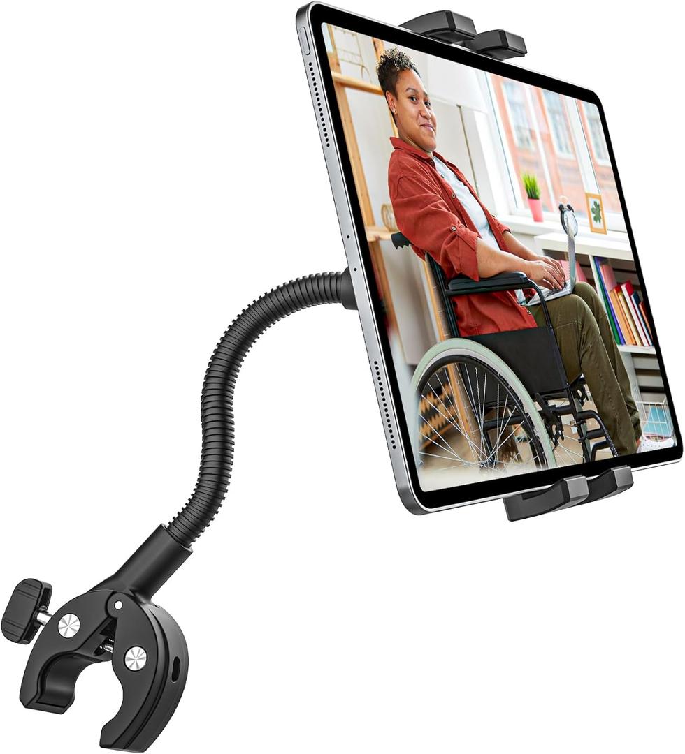 GDZN Wheelchair & Electric Wheelchairs Tablet Holder for Wheelchairs Pole 0.5"2.1" in Diameter, 360 Adjustable iPad Clamp Fits 4.7"15.6" Tablets, Gooseneck Aluminum Arm, Foldable Design, Anti-Slip