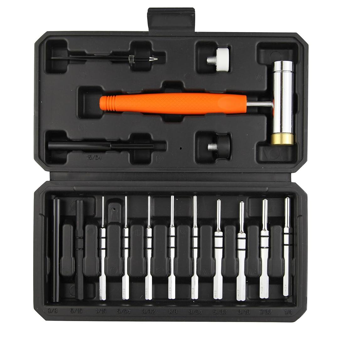 16-Pieces Punch Set, Made of CR-V Steel,Including Steel Punch Pins, Detachable Hammer, Rubber Hammer Head, with a Storage Box