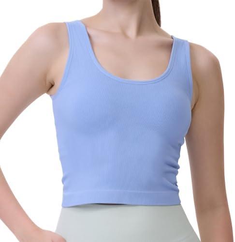 AMRIY Women Tank Top Built in Bra Scoop Neck Workout Tops Ribbed Sports Bra Padded Seamless Crop Tops XL