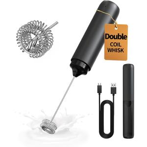 CIRCLE JOY Rechargeable Milk Frother Hanheld, Dual Coil Whisk Head Electric Coffee Frother, Portable Hand Frother Wand Drink Mixer for Matcha Lattes Cappuccino, Kitchen Gifts, Black