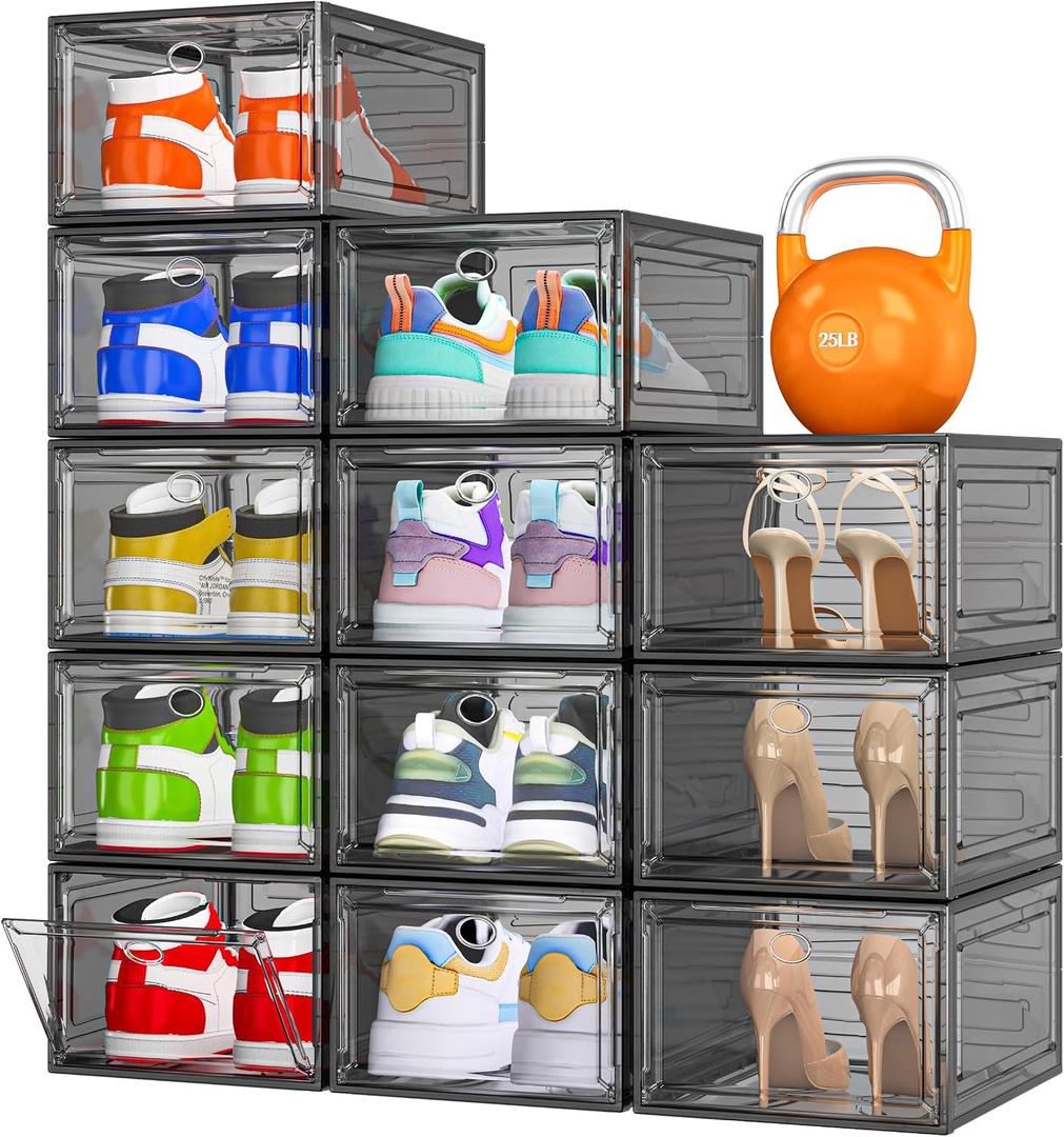 12 Pack Clear Shoe Storage Organizer with Magnetic Door,Stackable Plastic Shoe Boxes for Sneakers,Boots,and Heels,Space-Saving Foldable Shoe Rack for Closet,Durable Shoe Cabinet Organizer, Black