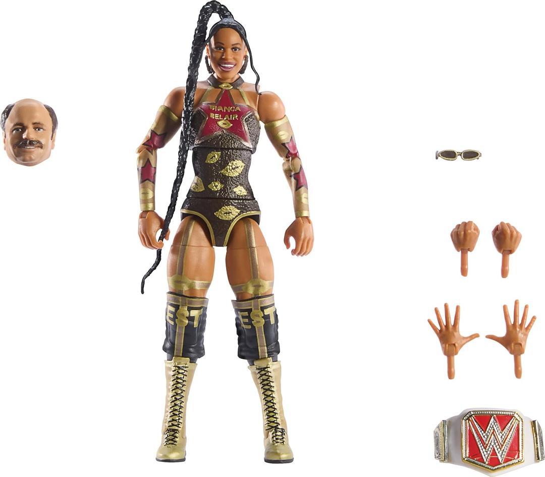 Mattel WWE Elite Collection Action Figure & Accessories, Premium Live Event Bianca Belair Set, Wrestlemania with Howard Finkel Build-A-Figure Parts