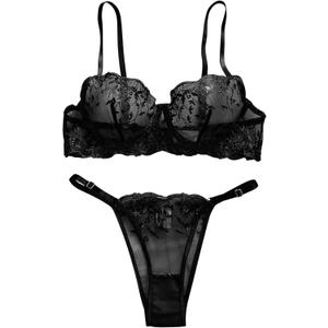 Lilosy Sexy Floral Embroidered Mesh Women Underwire Push Up Lingerie Set (Medium)