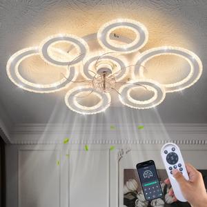 Yfrest Ceiling Fan with Light and Remote, White Low Profile Ceiling Fans with Lights, Flush Mount Ceiling Fan with 3 Light Color 6 Speeds, Fandelier Ceiling Fan for Kitchen Living Room 7-Ring