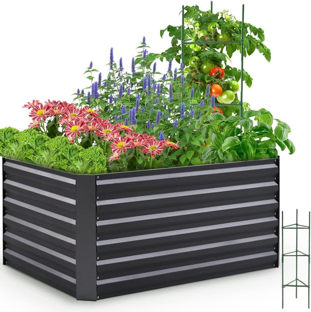 Quictent Galvanized Raised Garden Bed 4x3x2ft Tall Garden Bed Extra Height 22.4" Hold 24cft Soil Outdoor Heightened Planter Box for Deep Root Vegetables Herbs Tomato Cage Included, Dark Grey (4x3x2 ft)
