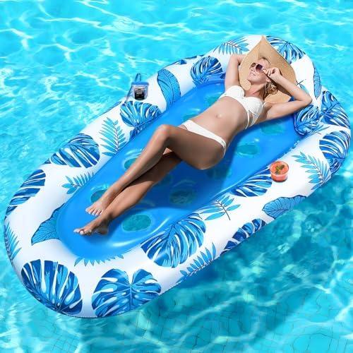 Korlon Tec Pool Floats Adult Heavy Duty, Large Inflatable Pool Lounger Float Raft with Cup Holders Headrest, Sun Tanning Pool Floaties for Adults Swimming Pool Lake Beach Party
