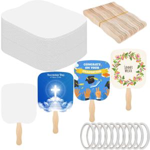 100 Church Fans Handheld Set, Wedding Fans Graduation Fan Paper Fan Bulk for DIY Crafting Painting Hand, Included Blank Cardstock Handle Craft Wooden Sticks Double Sided Tape