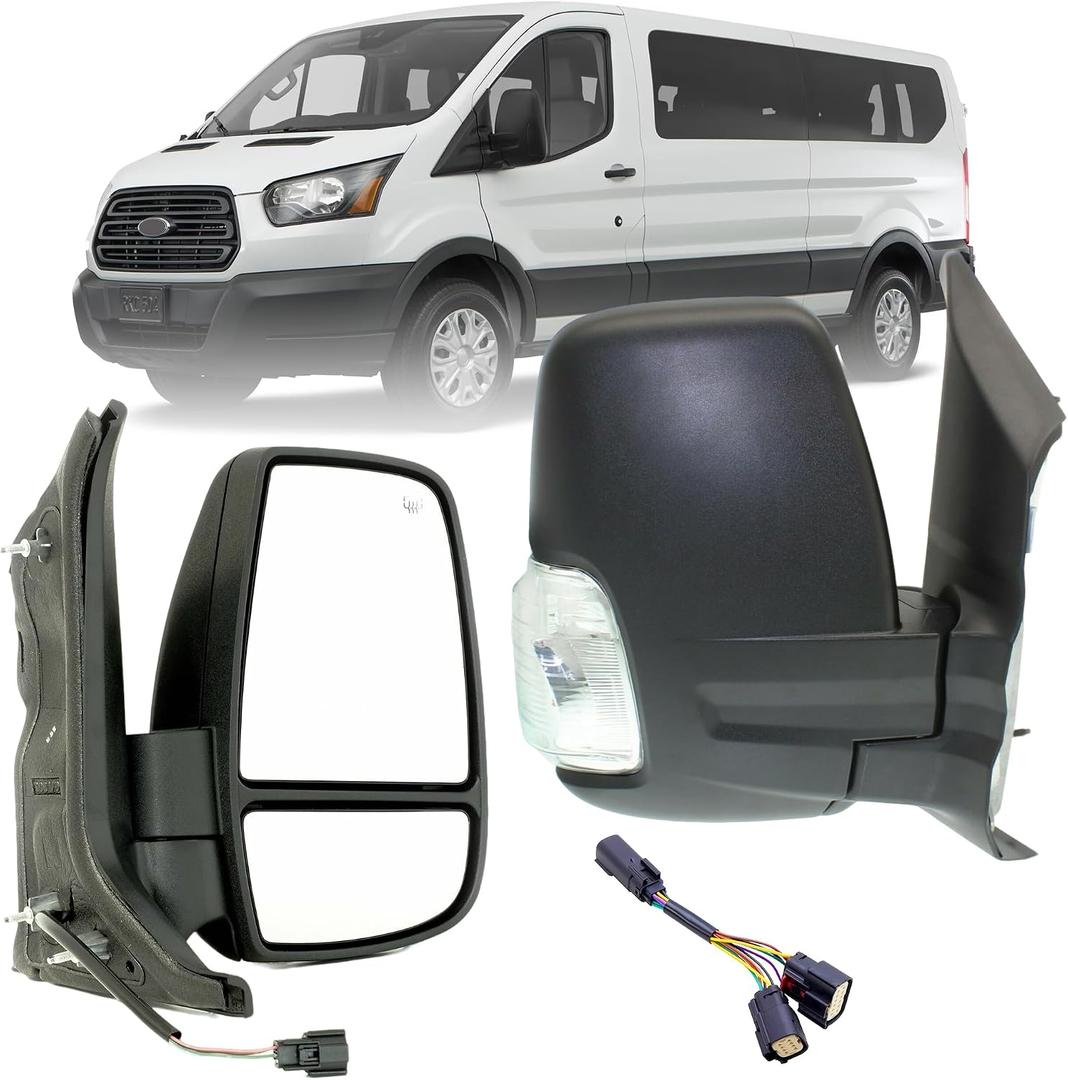 Replacement Passenger Right Side Mirror Manual Folding Power and Heated Glass With Indicator Fit Ford Transit 150 250 350 from 2015 to Onward, 12 inches x 6 inches